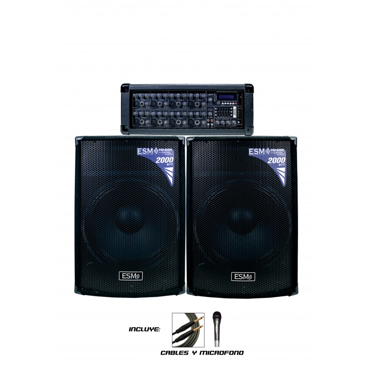 COMBO DE AMPLIFICADOR CON USB, FM, SD, MP3 + 2 BOCINAS 15" + MIC.
