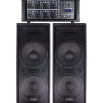 COMBO DE AMPLIFICADOR 8 CANALES CON USB, SD, FM + 2 BOCINAS DOBLE 15" + MIC. Y CABLE