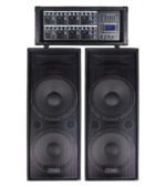 COMBO DE AMPLIFICADOR 8 CANALES CON USB, SD, FM + 2 BOCINAS DOBLE 15" + MIC. Y CABLE