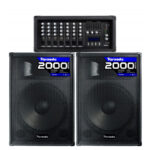 COMBO DE AMPLIFICADOR + 2 BOCINAS 15" + 2 MIC. Y CABLE